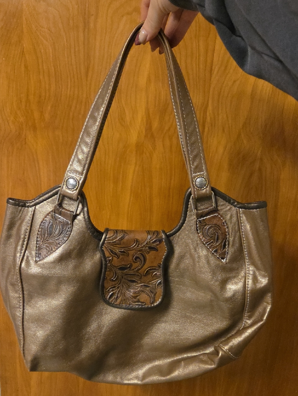 Metallic Bronze Shoulder Tote Bag with Tooled Accent